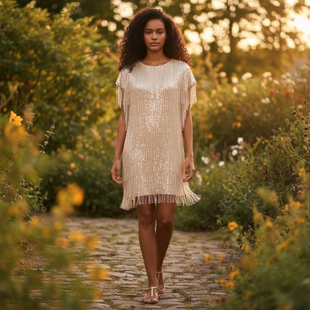 Vintage Iridescent Glass Beaded Fringe Dress | Handmade India 1980s